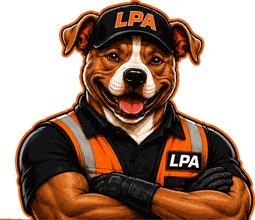 LPA Hauling mascot — a pit bull in an LPA cap and safety vest